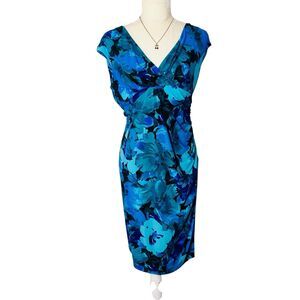American Living Women's Blue Floral V-Neck Stretch Sleeveless Dress Sz 10 Spring